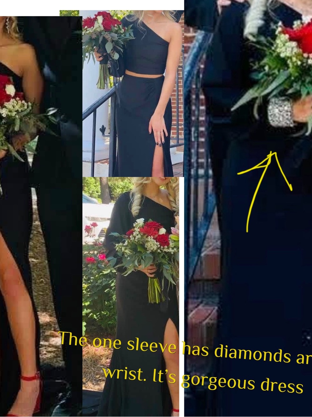 Sherri Hill Black One-Shoulder Prom Dress with Side Slit, diamond wrist design